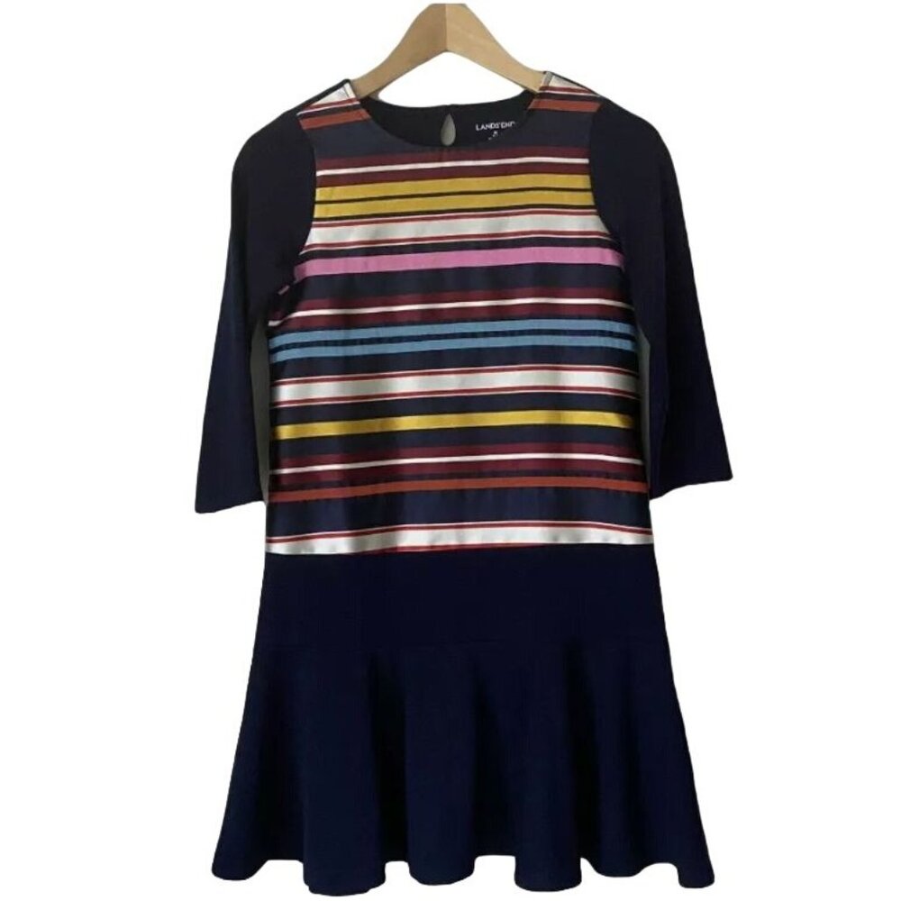 Lands' End Girls Navy Blue Multicolor Brocade Ribbon Stripe Dress Size L (6X-7) - Picture 2 of 14